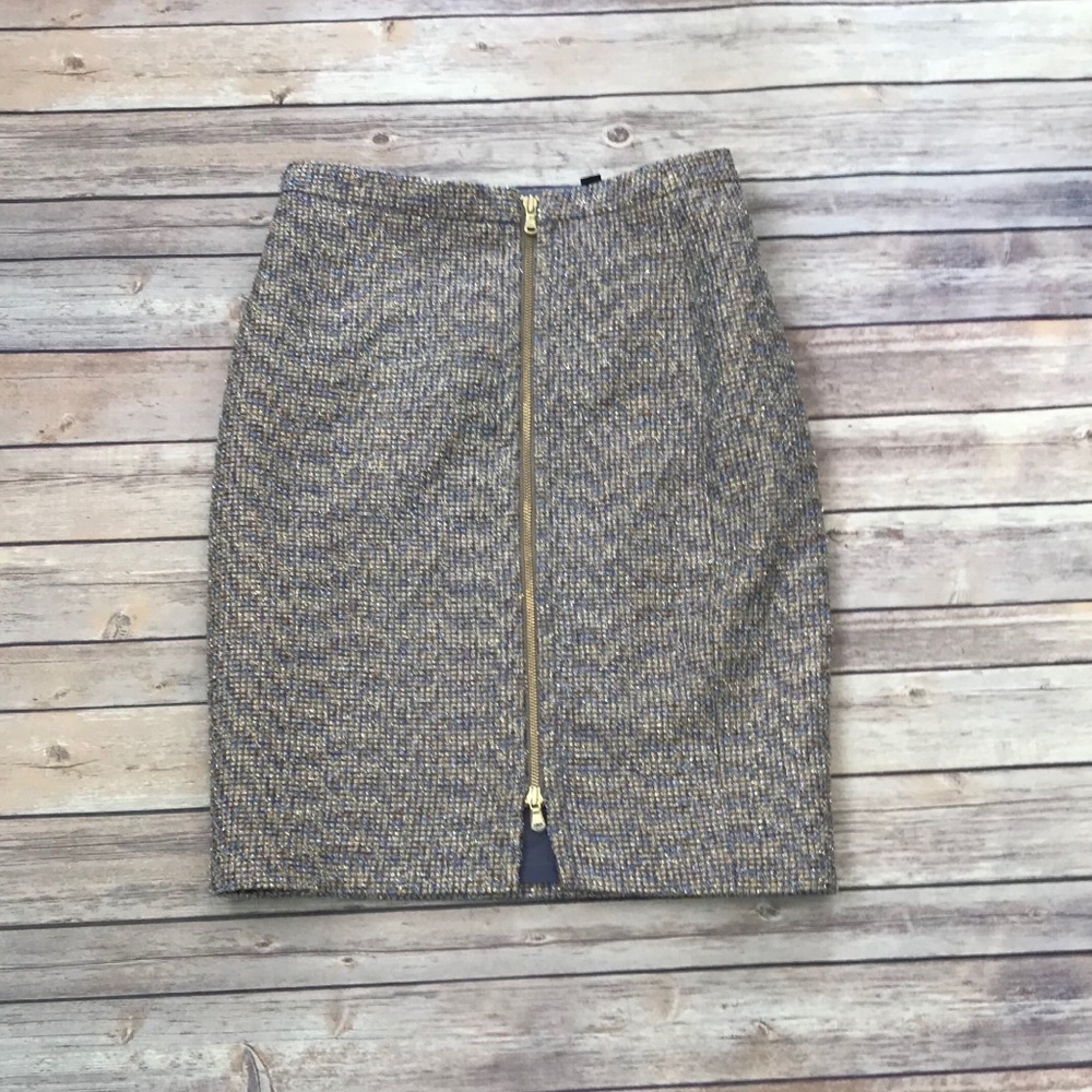 J.Crew Metallic Tweed Zipper Front Pencil Skirt euc